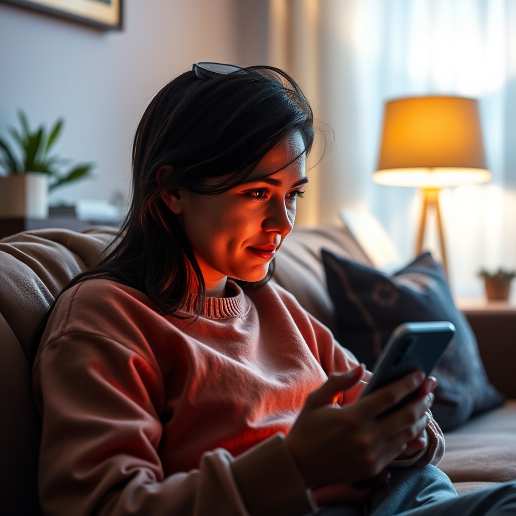 Person checking a mobile phone screen showing an instant win game result on a sofa