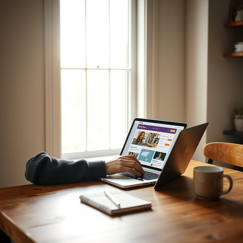 A person comparing several competition websites on a laptop with a cup of tea beside them
