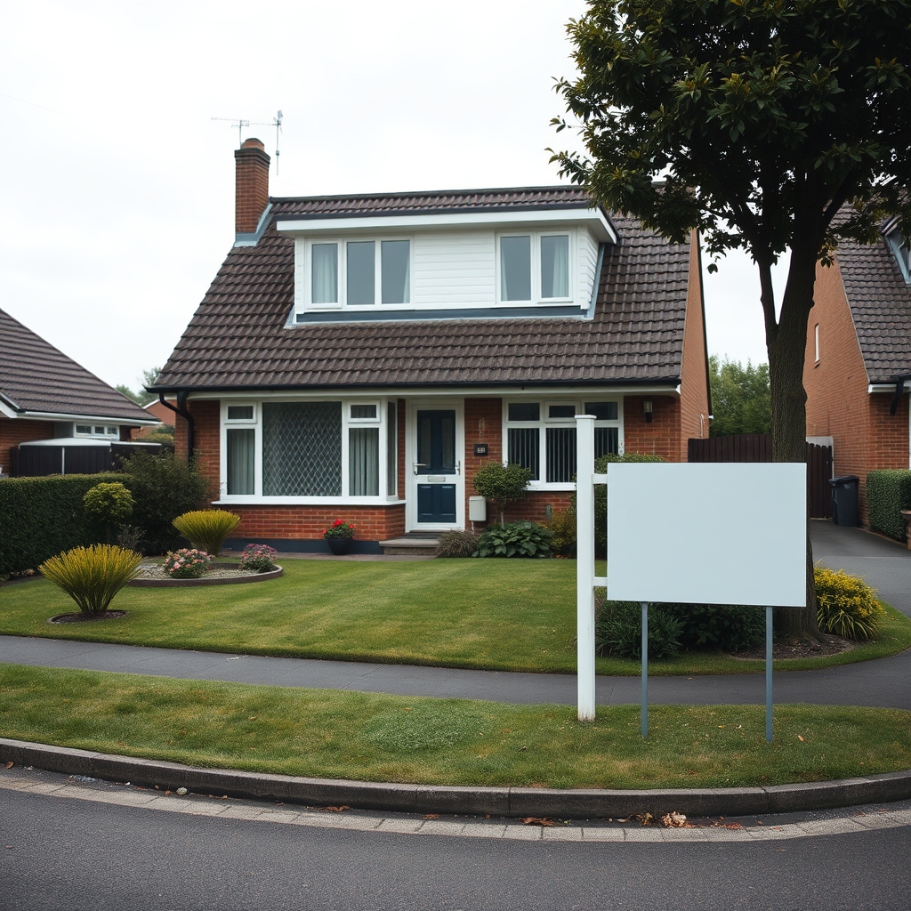 A modern detached house with a for-sale style raffle sign in the front garden