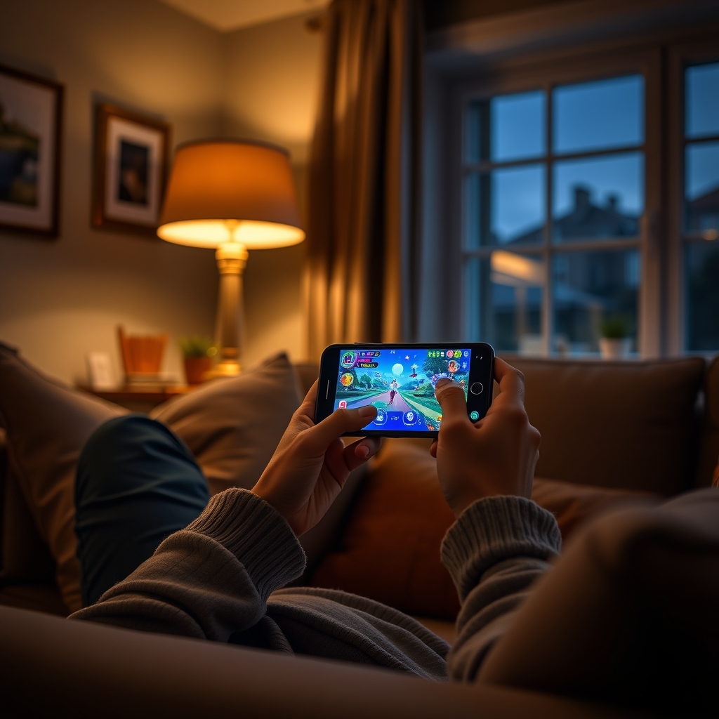 Person checking a phone screen showing an instant win game late at night on a sofa