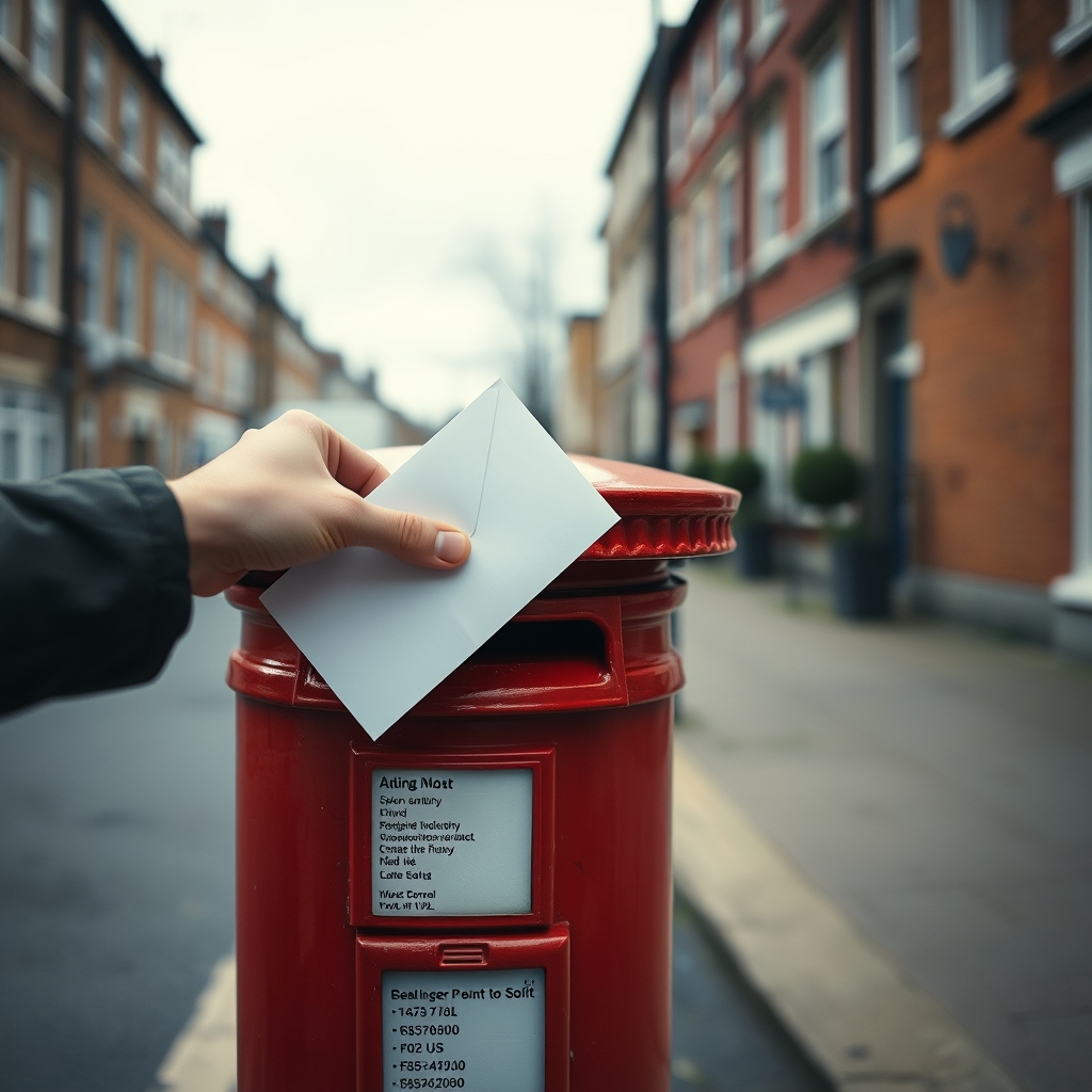 Close-up of a hand posting a letter into a UK red postbox
