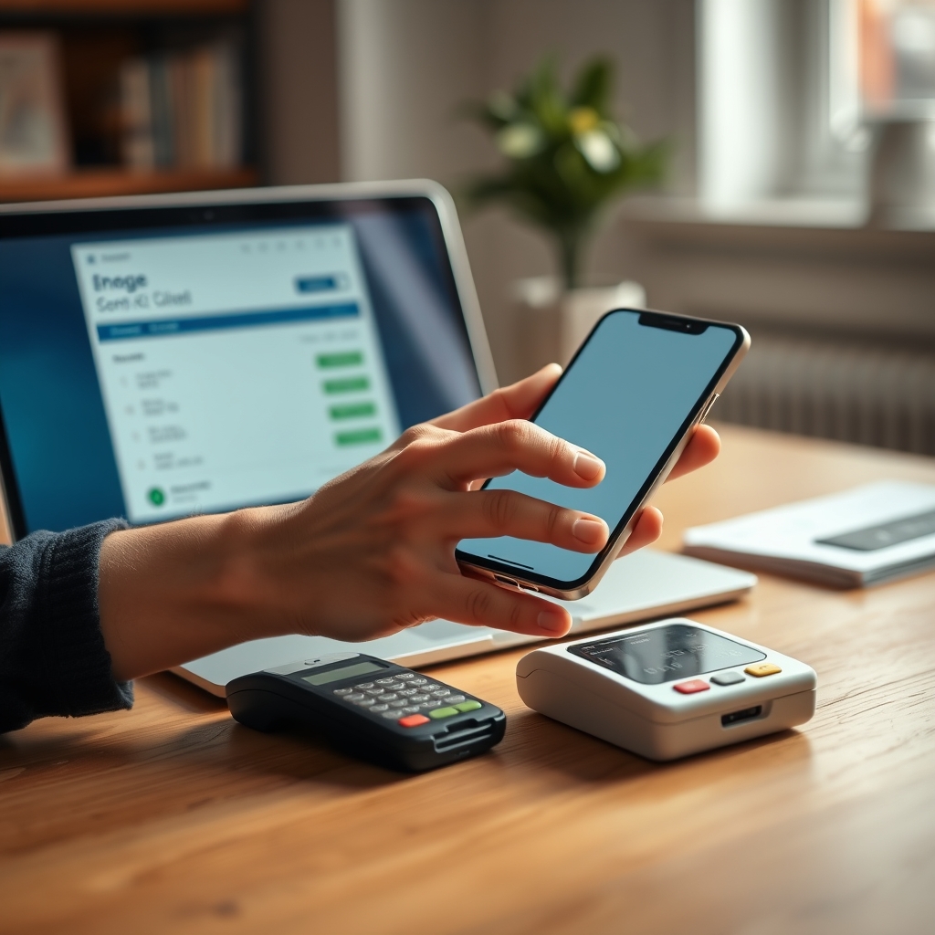 Close-up of a hand holding a phone over a card reader to pay with a digital wallet