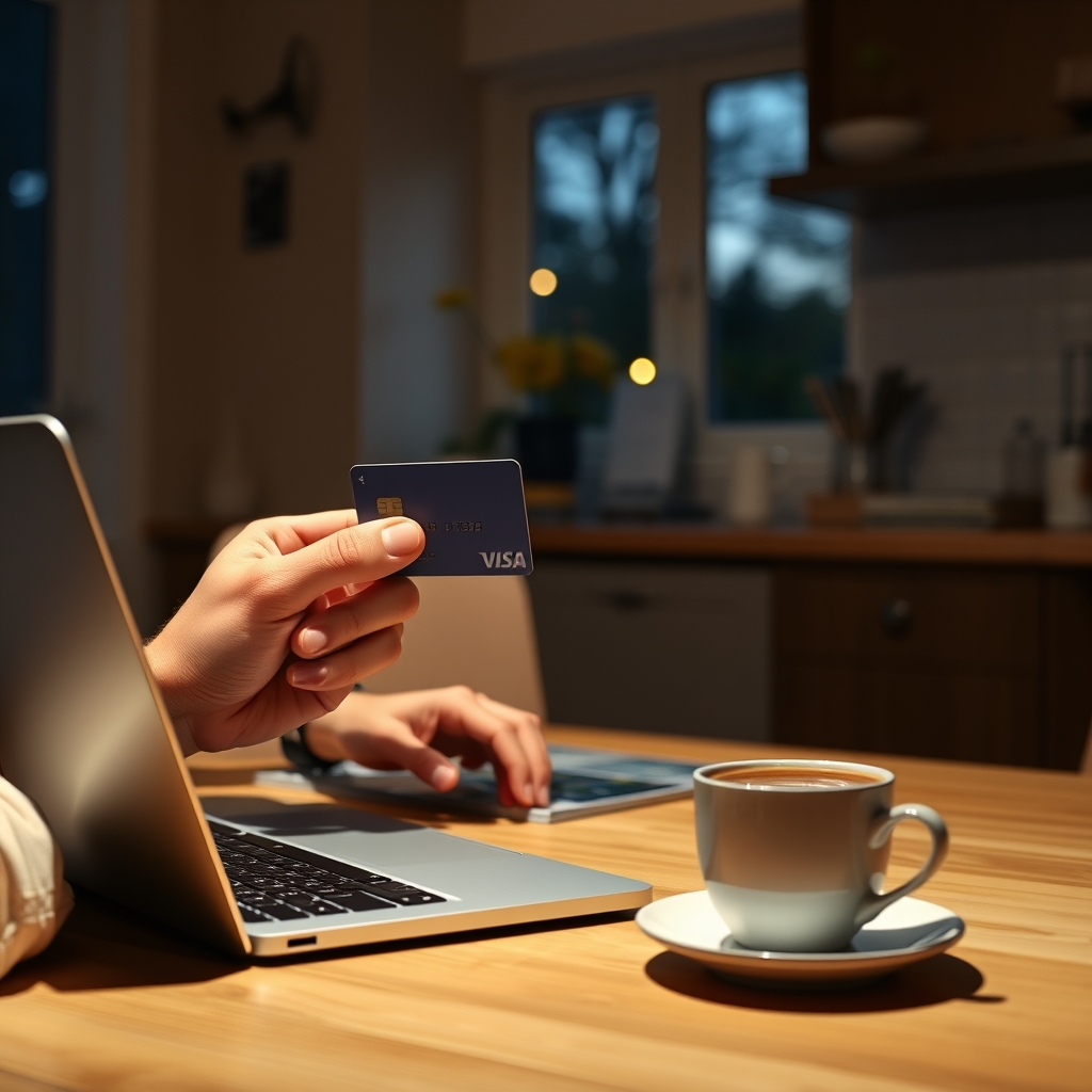 Person comparing a bank card and a phone wallet app before paying online