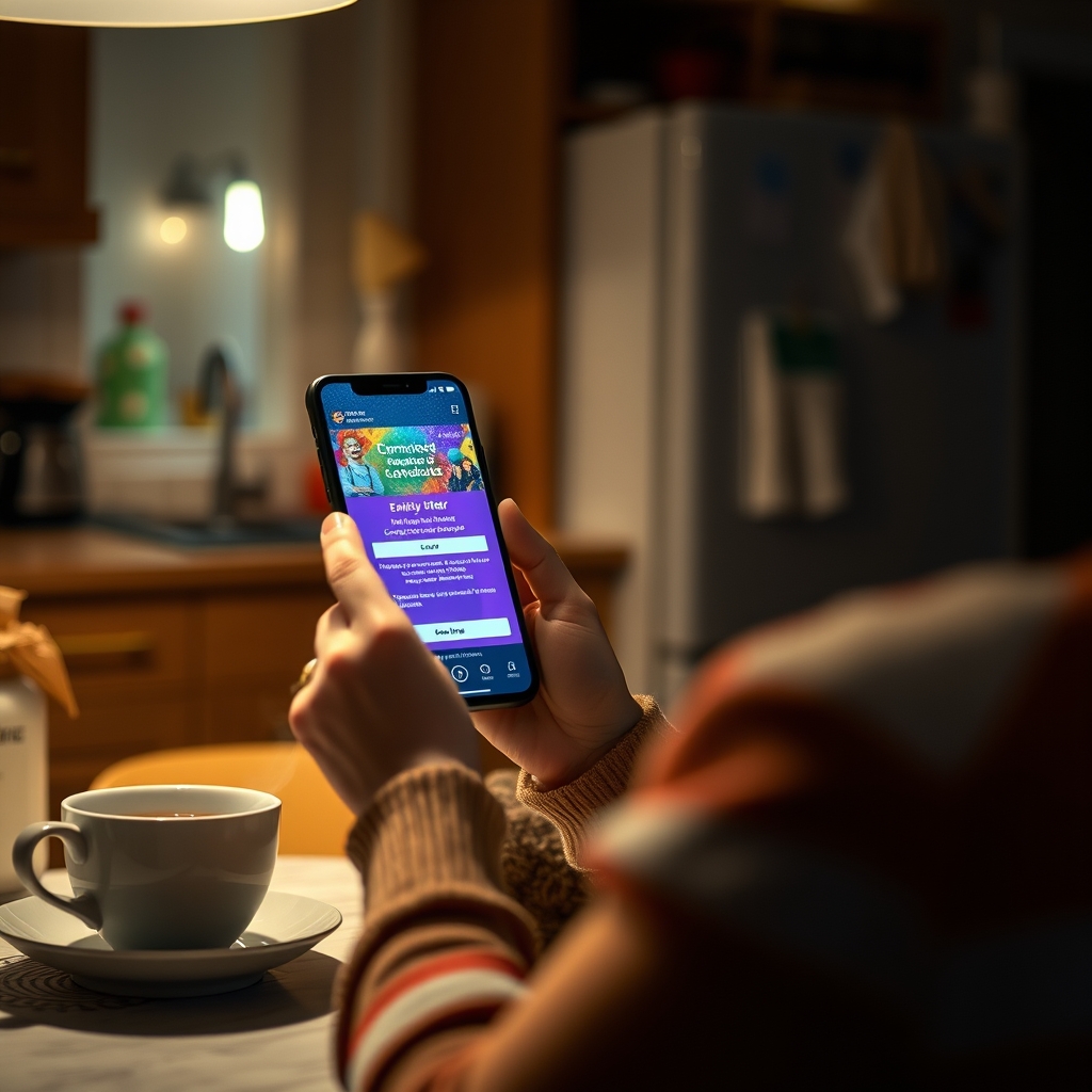 Person entering a prize competition on a smartphone at a kitchen table