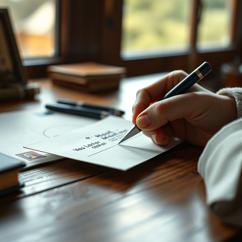 Hand writing a postal entry on a postcard next to a stamp and envelope
