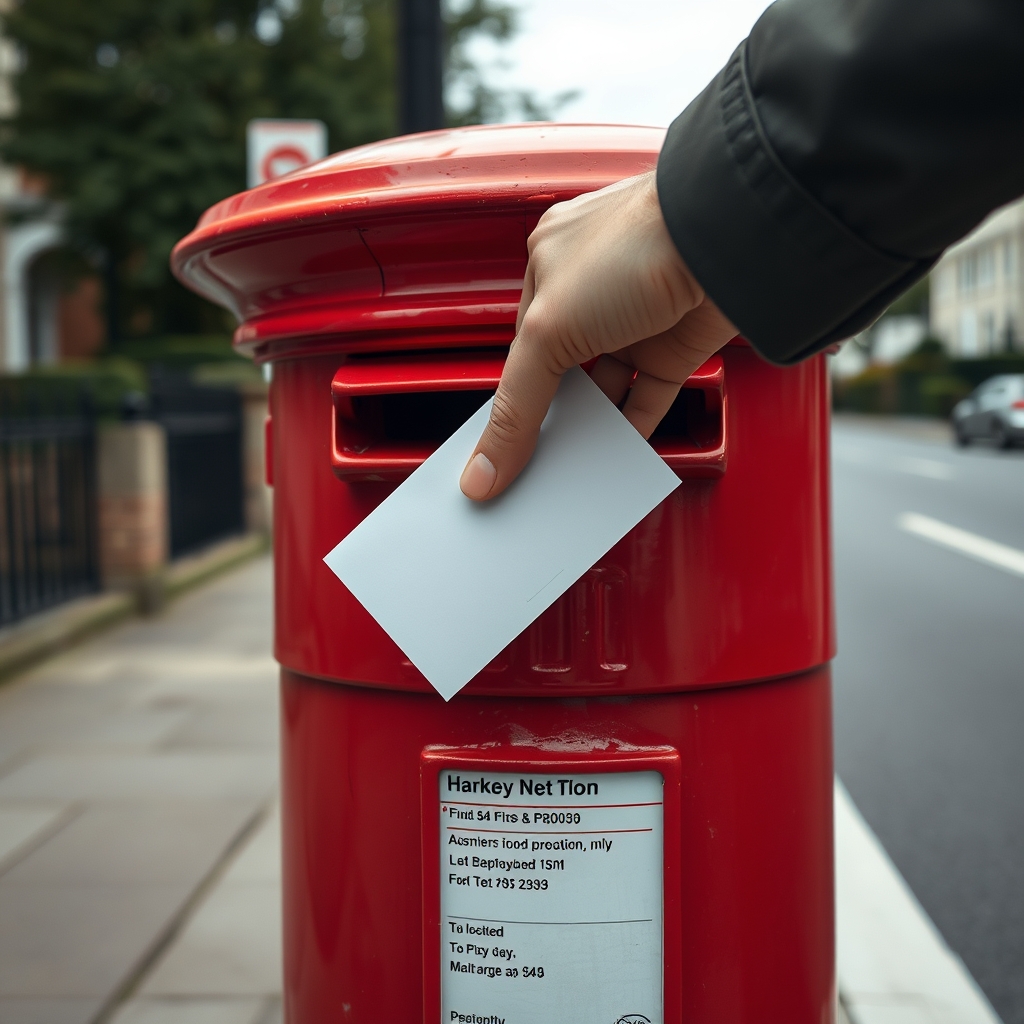 Close-up of a hand posting a letter into a red UK postbox