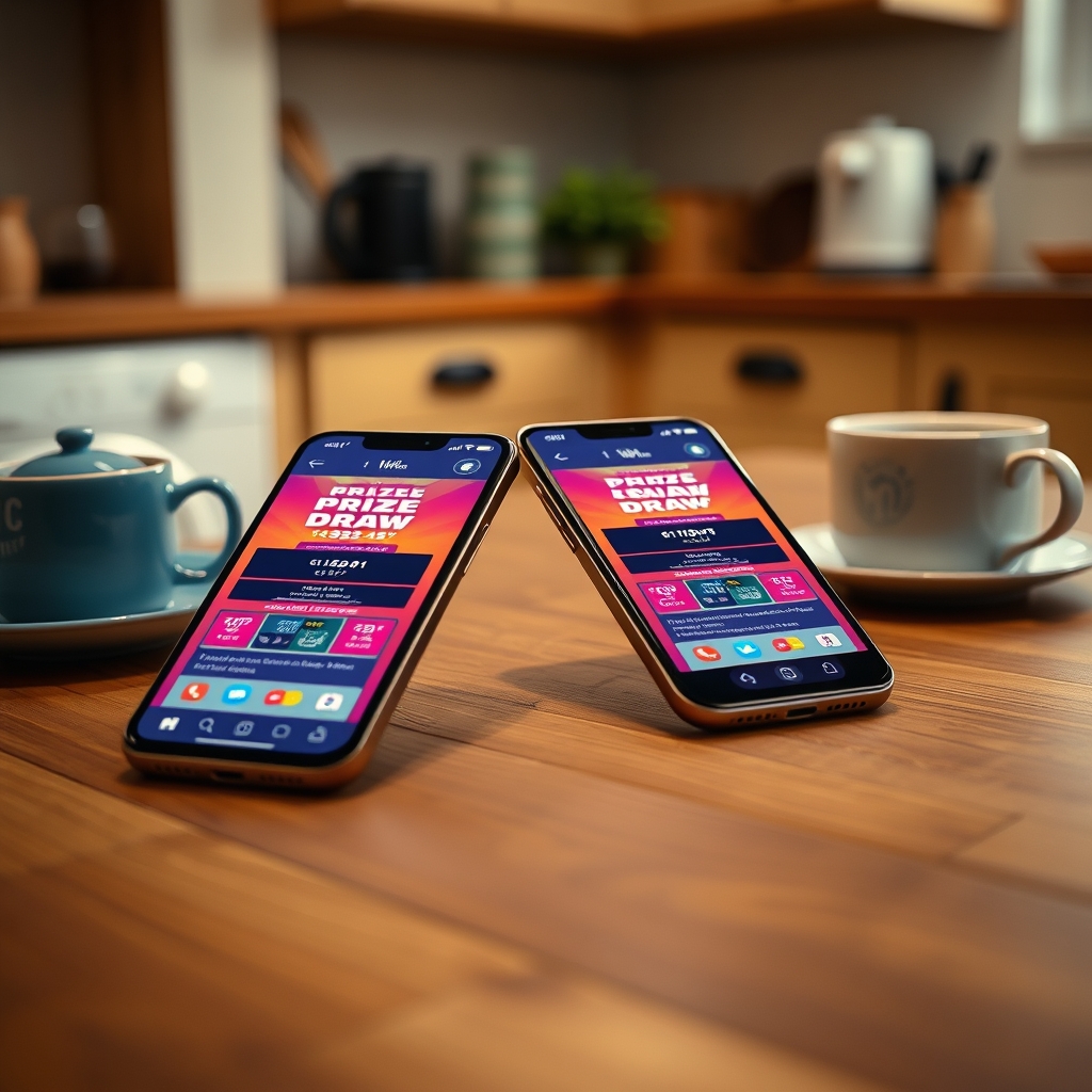 Two smartphones side by side showing competing prize draw websites on a kitchen table