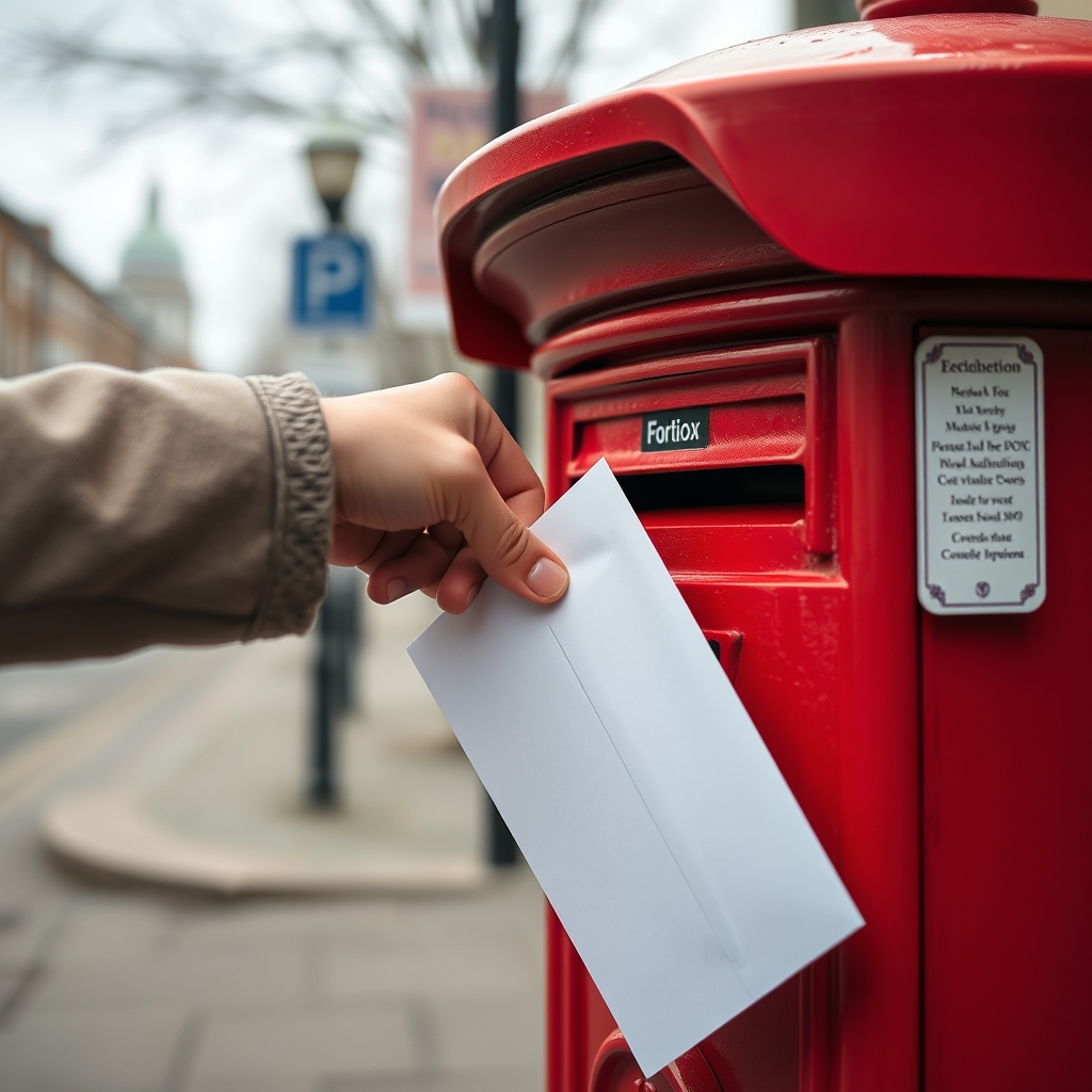 A hand posting a competition entry letter into a UK red post box