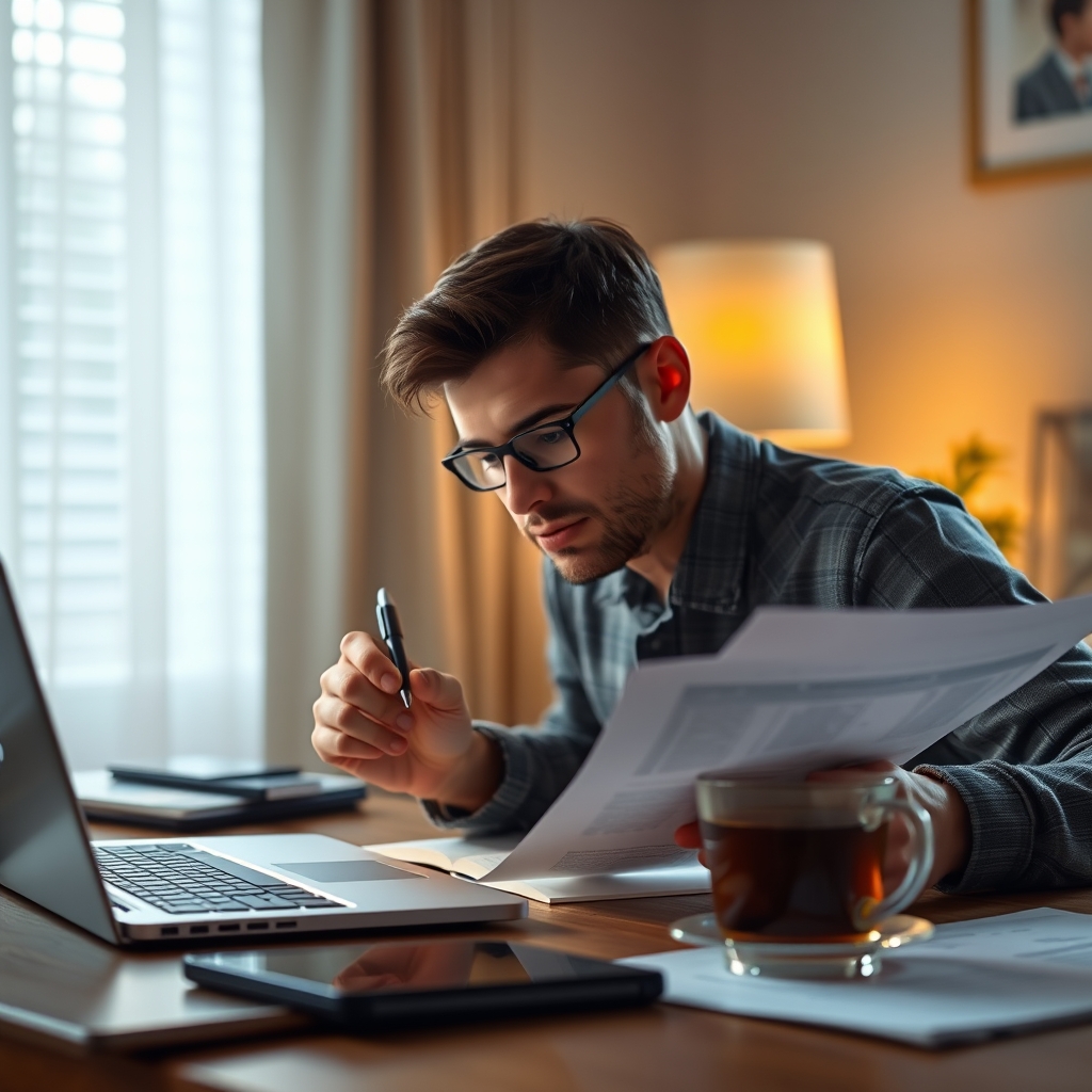 A cluttered desk with competition terms and conditions being read closely