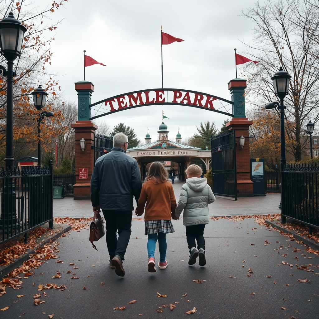 Family walking towards a theme park entrance during half-term