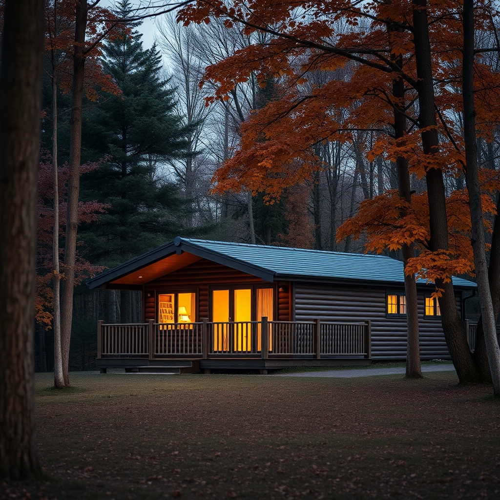 Holiday lodge in woodland during autumn half-term