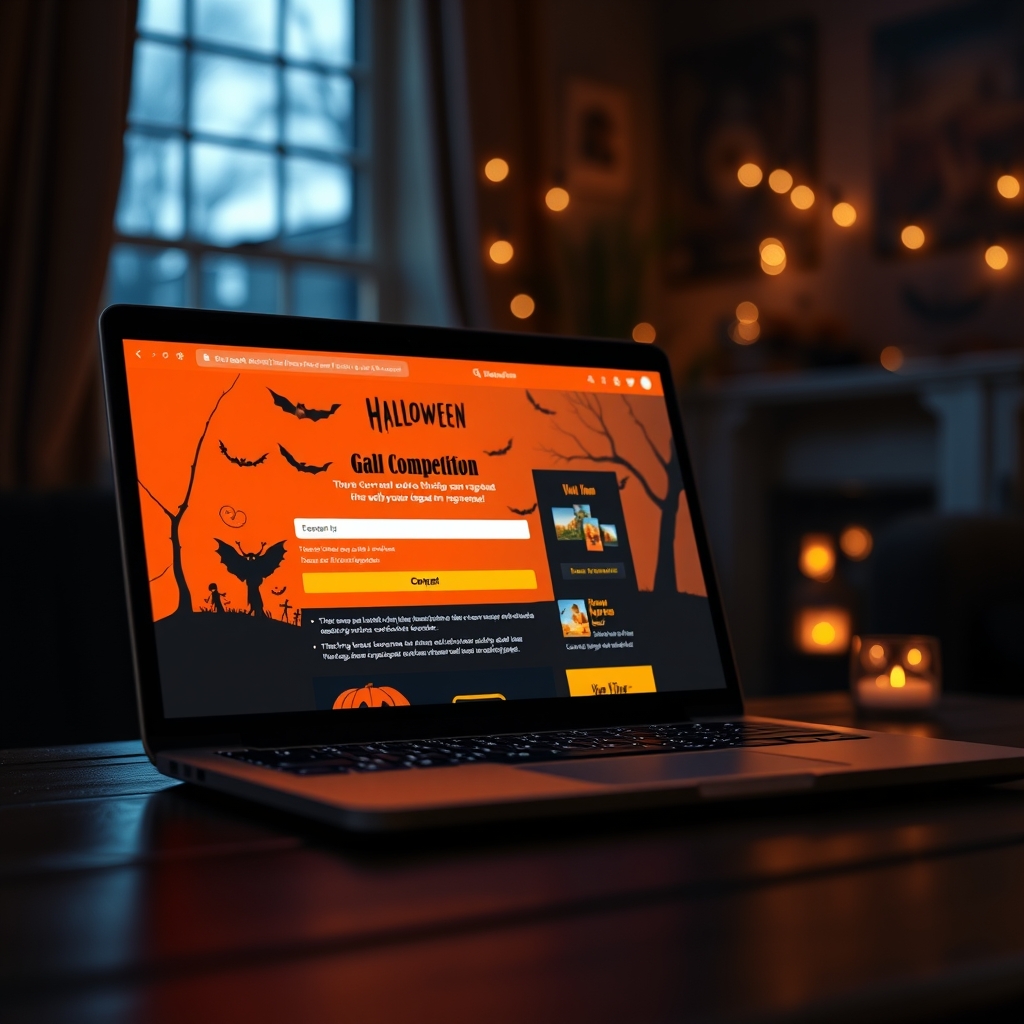 A pumpkin-themed instant win scratch card graphic glowing on a laptop screen at night
