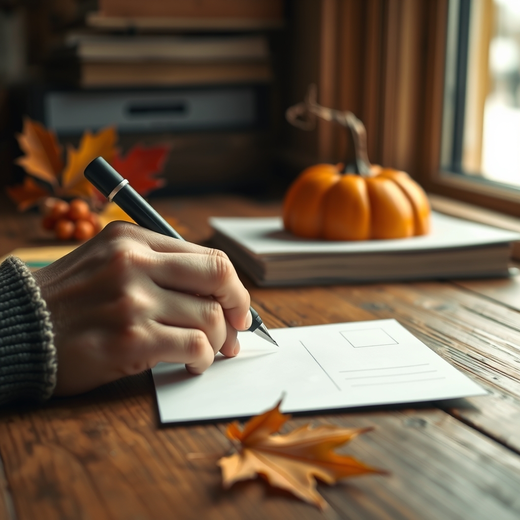 A handwritten postcard being addressed for a free postal competition entry beside autumn leaves