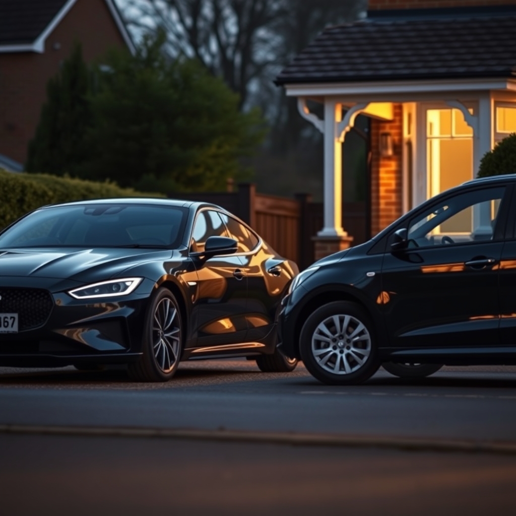 Two cars, one sporty and one compact, parked side by side on a driveway at dusk