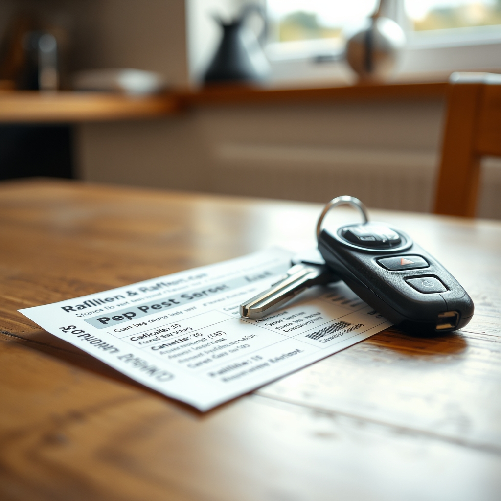 Close-up of a competition ticket and car keys on a kitchen table