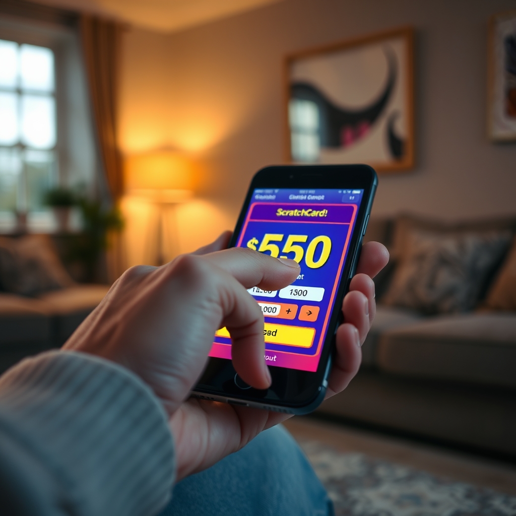 Close-up of a hand revealing a cash prize on a digital instant win scratchcard screen
