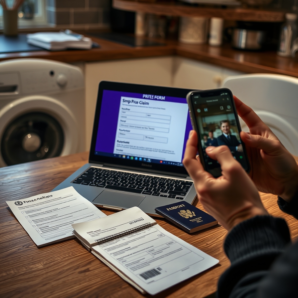 Person checking ID documents and a laptop screen while claiming an online prize at a kitchen table