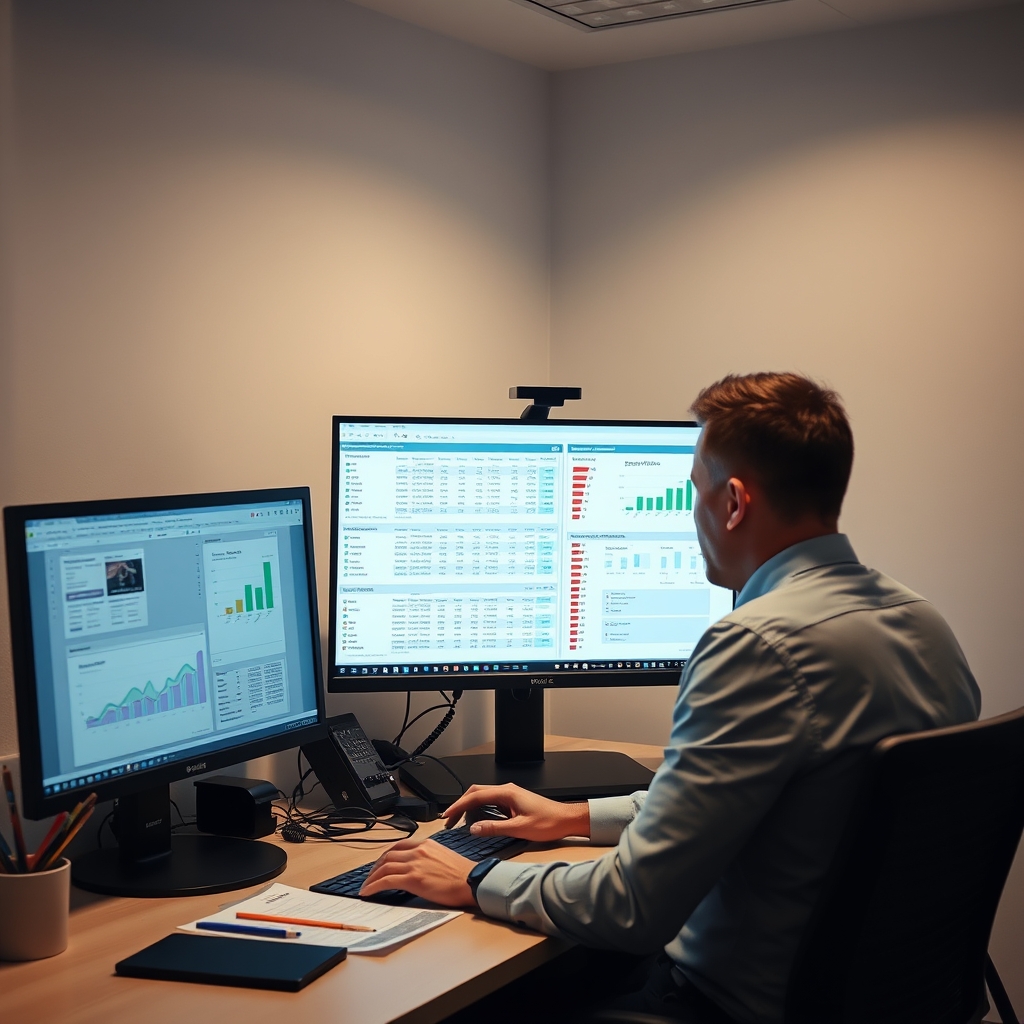 Compliance officer reviewing payment records on multiple monitors in a modern UK office