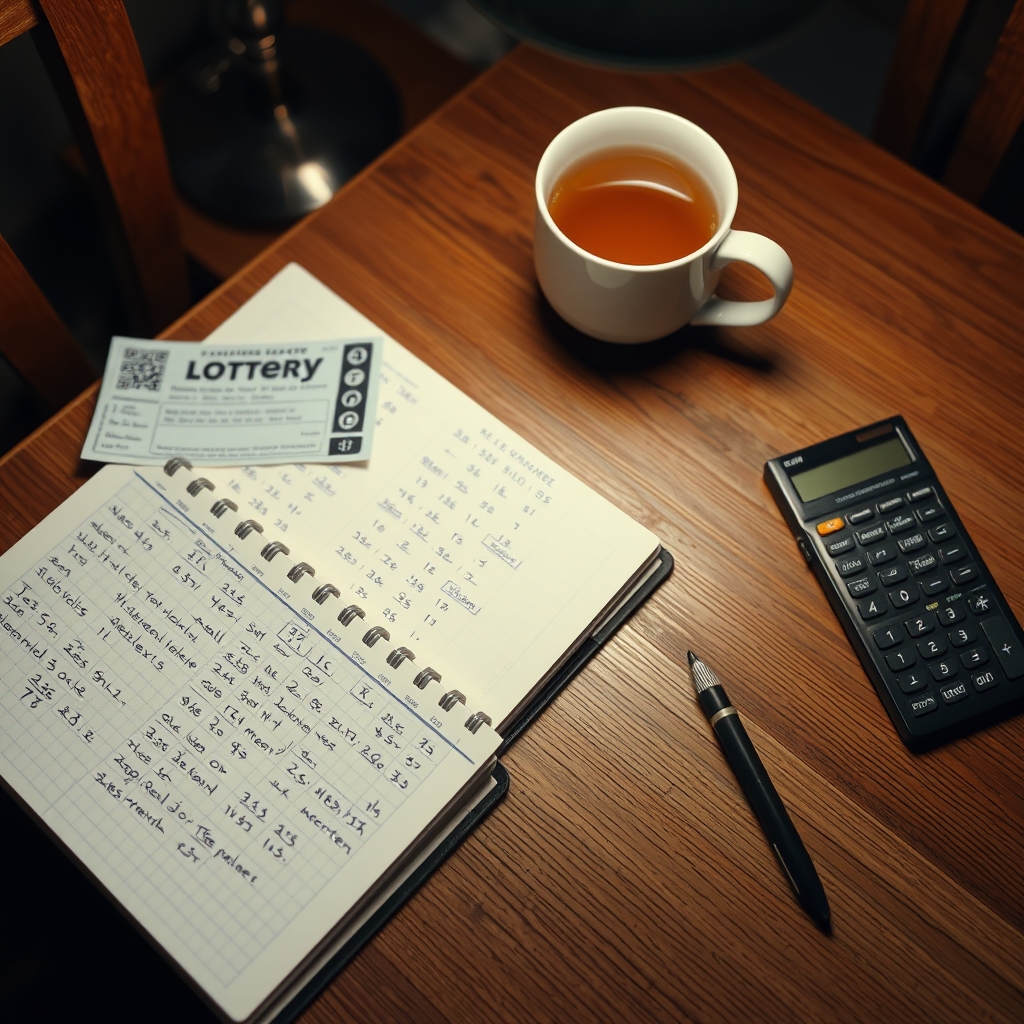 Close-up of a hand-written lottery odds calculation with a pen and lottery ticket on a kitchen table
