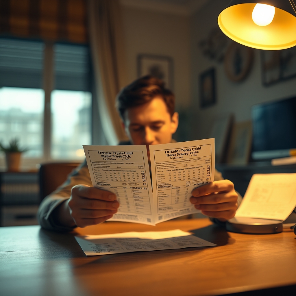 Person comparing two lottery ticket slips side by side under a desk lamp