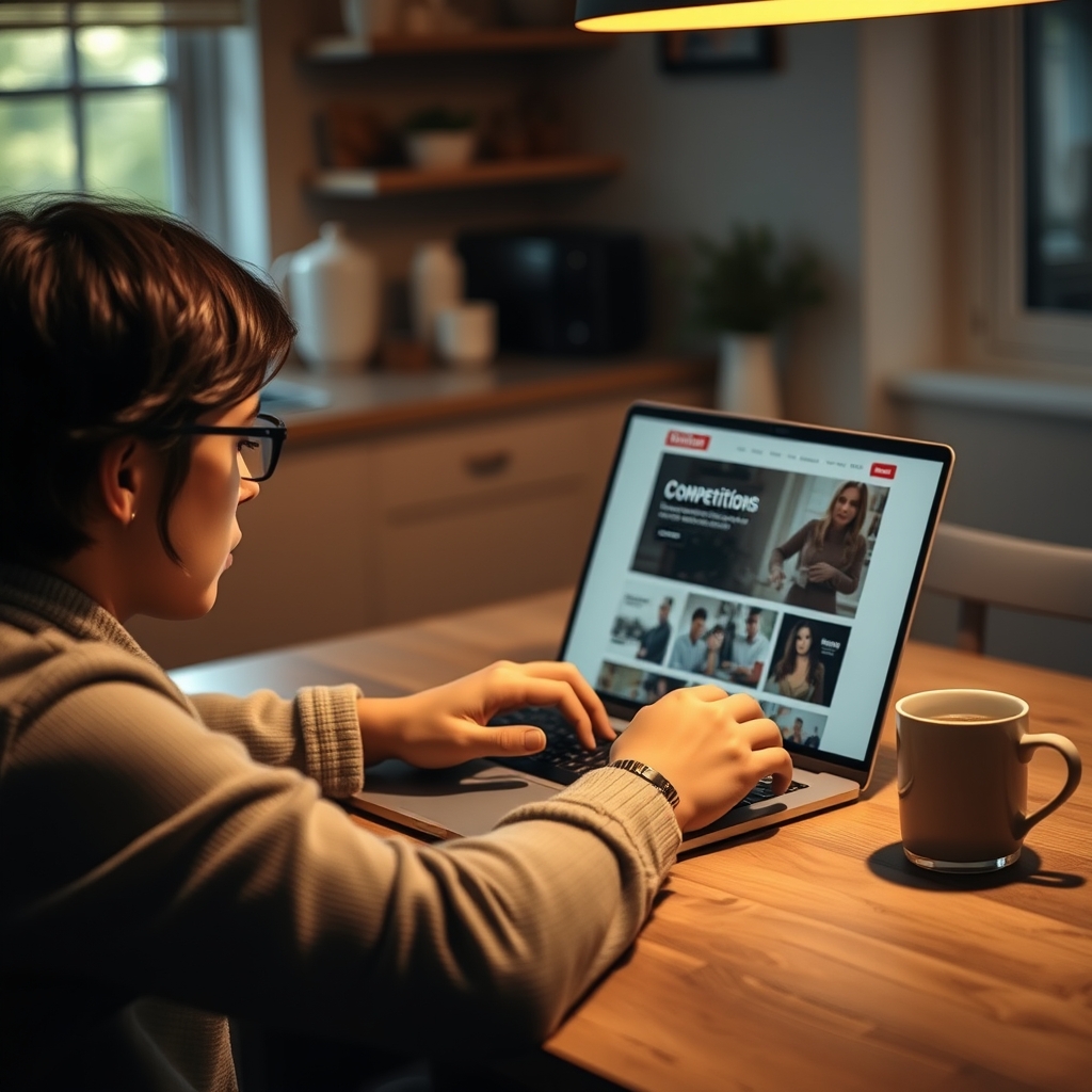 Person checking a competition site's terms and conditions on a laptop at a kitchen table