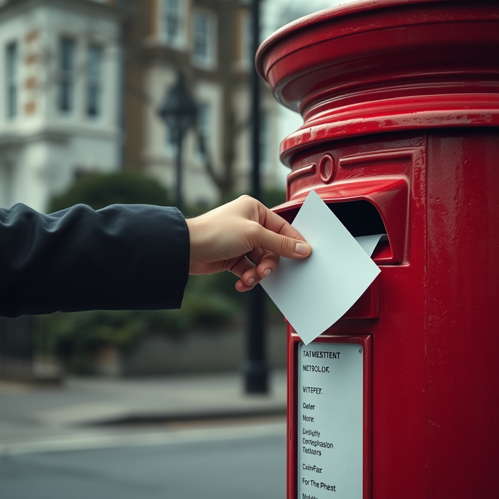 Envelope being posted into a UK postbox as a free competition entry
