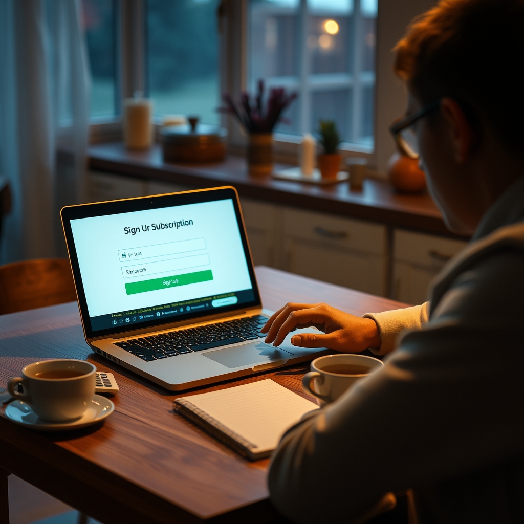 Person reviewing a competition membership subscription on a laptop at a kitchen table