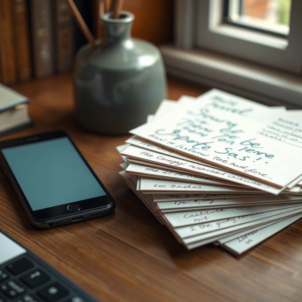 Stack of postcards representing a free postal competition entry route beside a smartphone