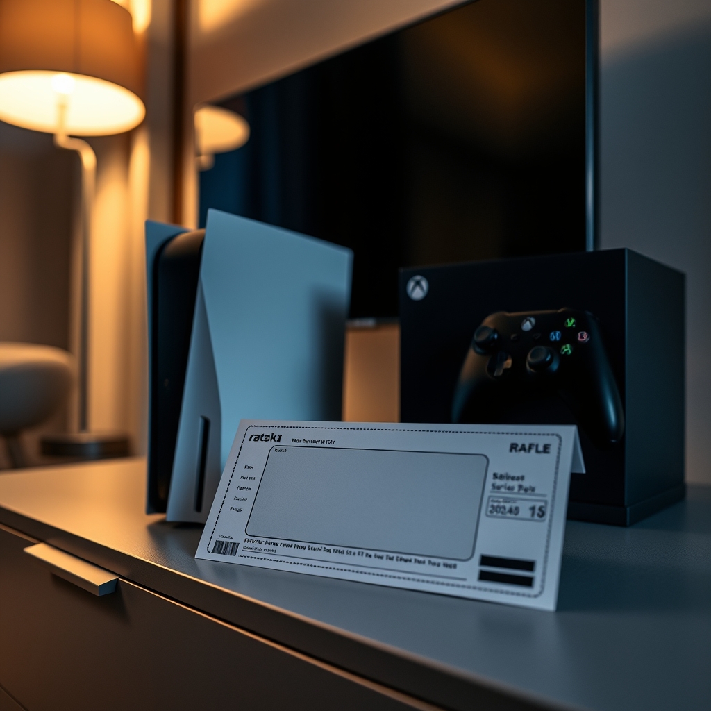 A PS5 console and Xbox Series X sitting side by side on a living room unit with a competition entry ticket nearby