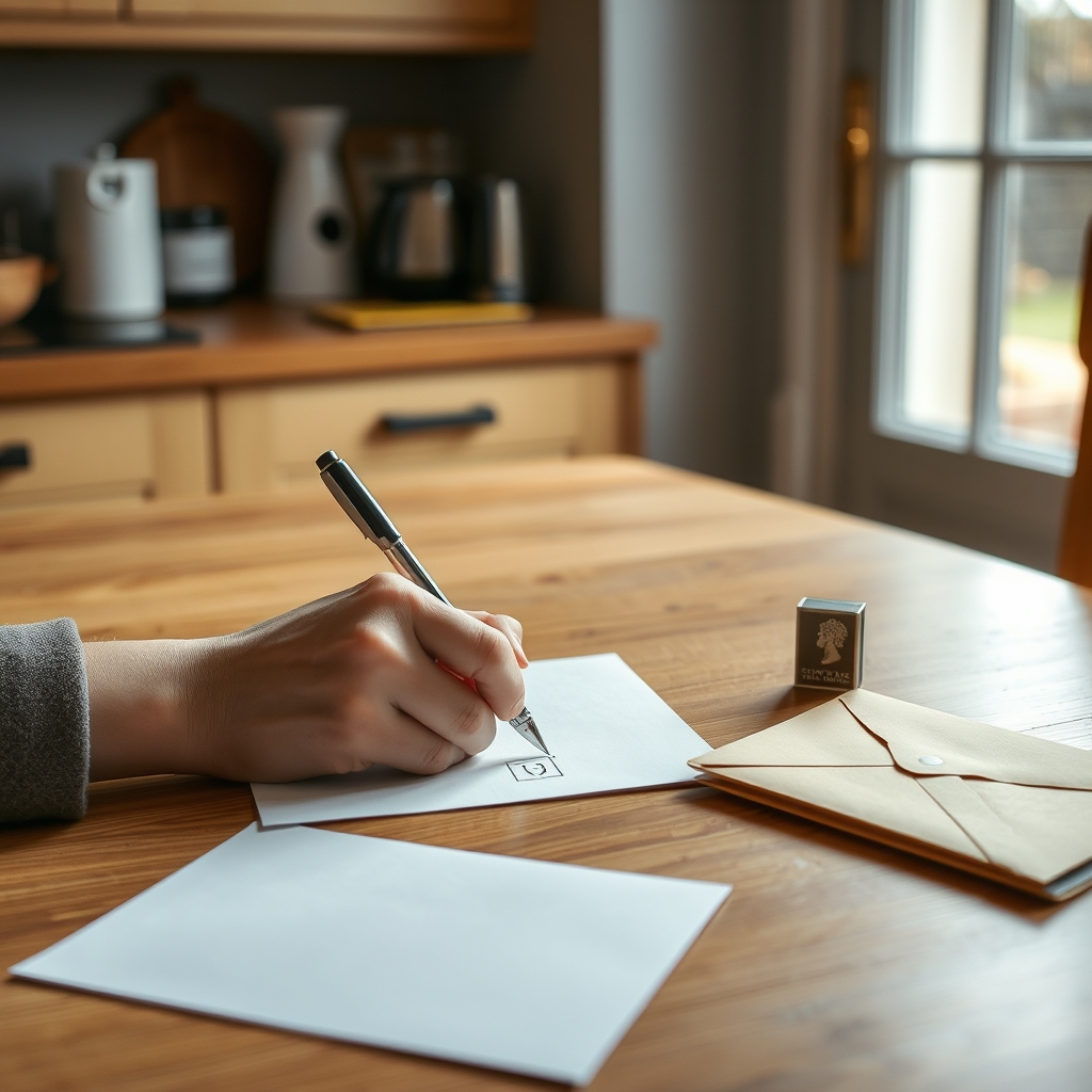 Close-up of a hand filling in a free postal entry form for a tech prize draw at a kitchen table
