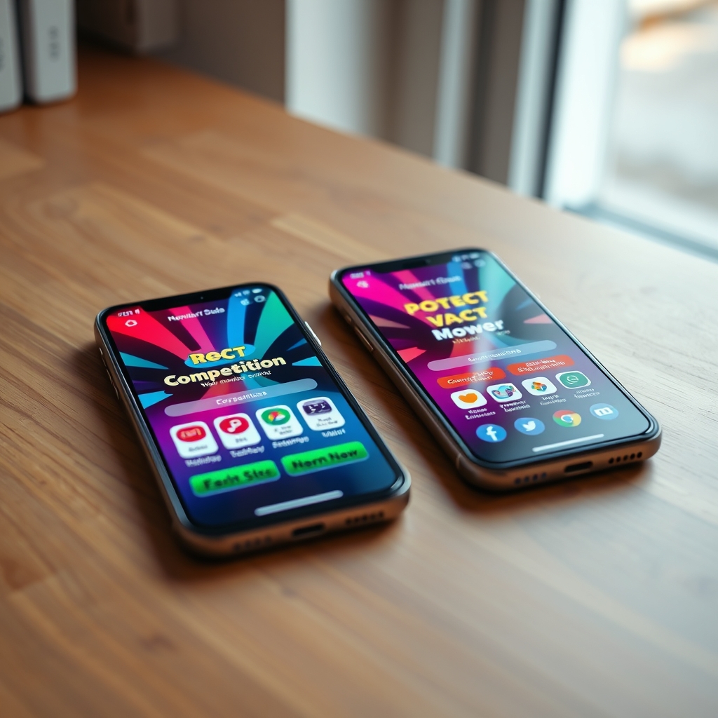 Two mobile phone screens side by side showing different instant-win competition apps on a wooden desk