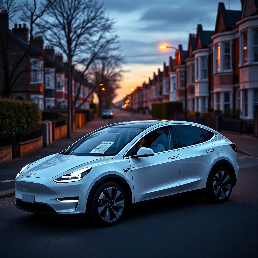 A Tesla Model Y parked outside a UK terraced street with a small prize draw ticket on the dashboard