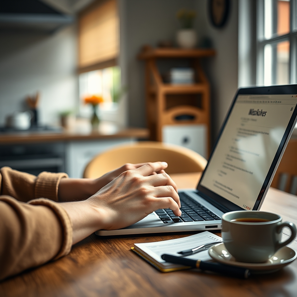 Close-up of hands checking prize draw terms and conditions on a laptop next to a cup of tea