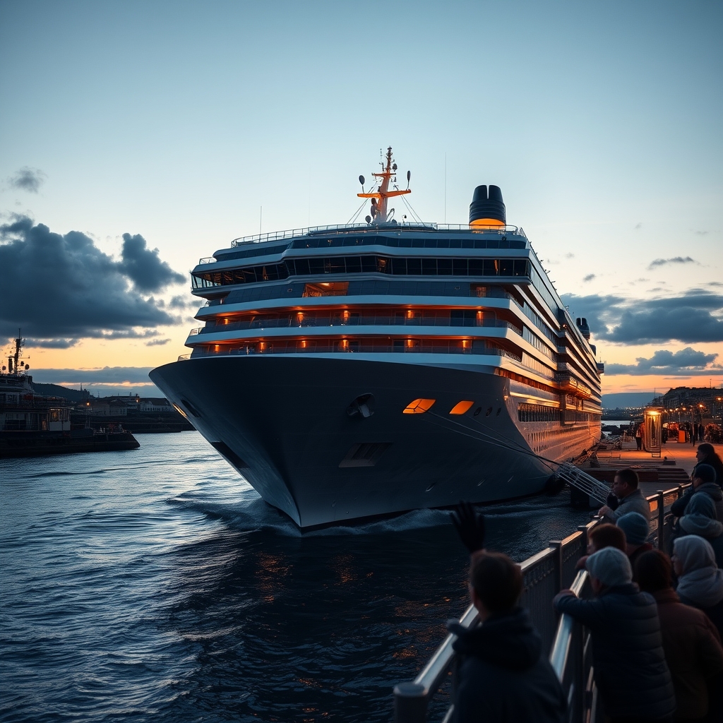 A cruise ship departing a UK port at dusk with passengers on deck