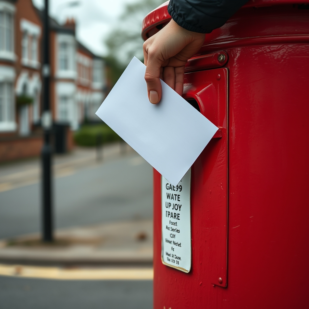 Close-up of a hand posting a competition entry envelope into a post box